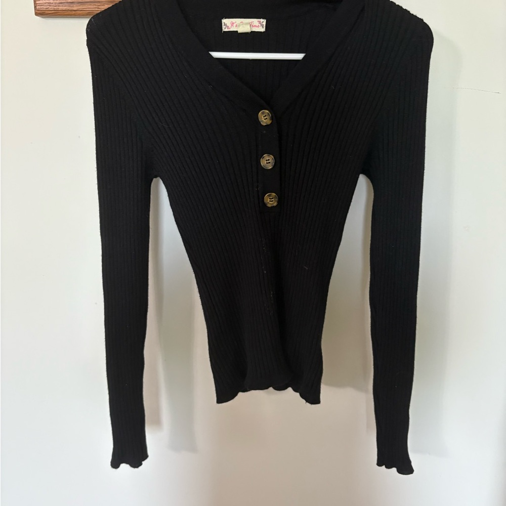 It's Our Time Black Ribbed Long Sleeve Button Down Shirt